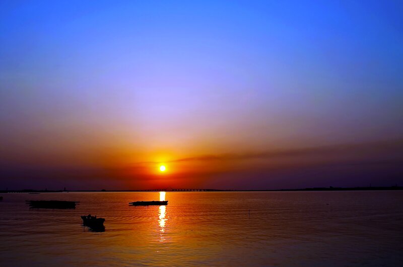 Sunset over Water — Blue, Serene, Photograph, Sun, Boat