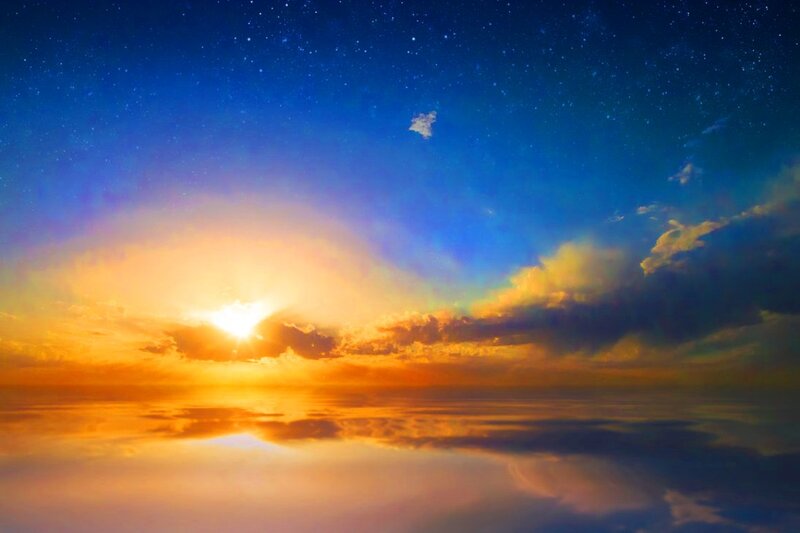 Sunset over Water — Blue, Serene, Photograph, Sun, Clouds