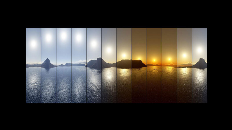 Sunset over Water — Blue, Serene, Photograph, Sun, Mountain, Sea, Orange