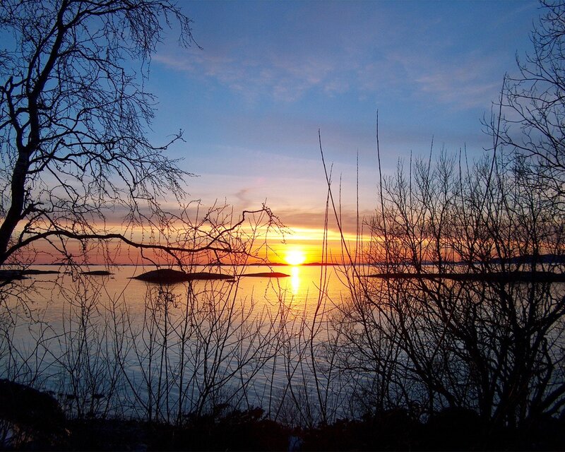 Sunset over Water — Blue, Serene, Photograph, Trees, Islands, Sky, Orange, Yellow