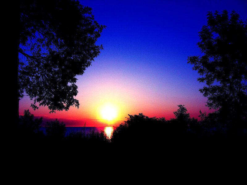 Sunset over Water — Blue, Serene, Photograph, Trees