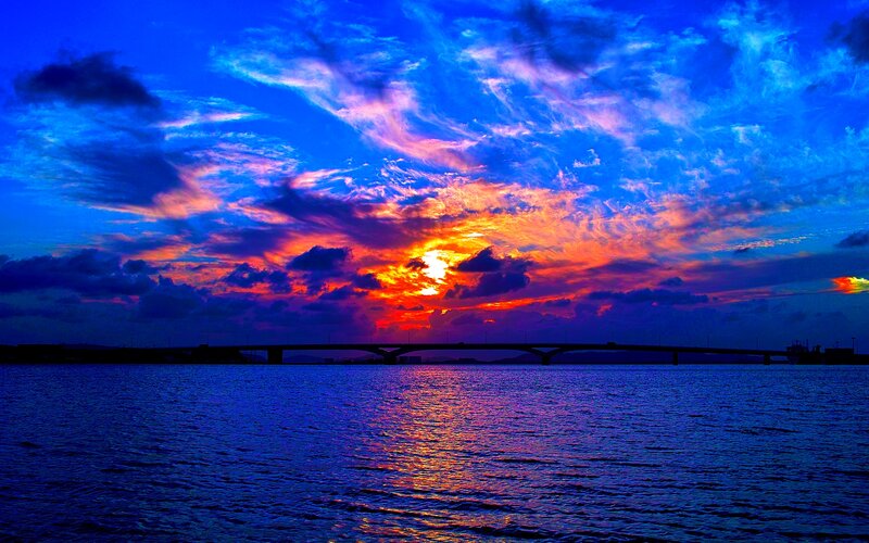 Sunset over Water Bridge — Blue, Dramatic, Photograph