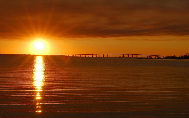 Sunset over Water Bridge — Orange, Serene, Photograph