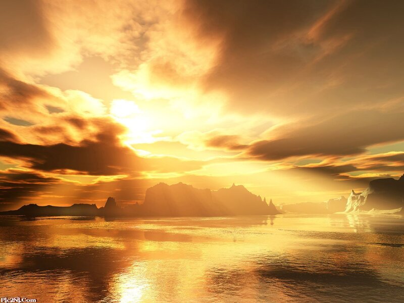 Sunset over Water — Gold, Dramatic, Digital Art, Clouds, Mountains