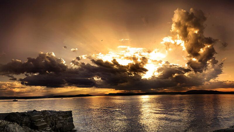 Sunset over Water — Gold, Dramatic, Photograph, Clouds, Boat