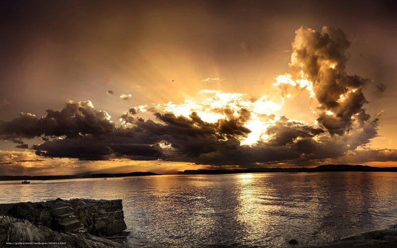 Sunset over Water — Gold, Dramatic, Photograph, Clouds, Rocks