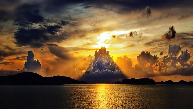 Sunset over Water — Gold, Dramatic, Photograph, Clouds, Sun