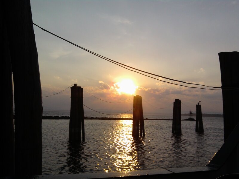 Sunset over Water — Gold, Serene, Photograph, Sun, Pilings
