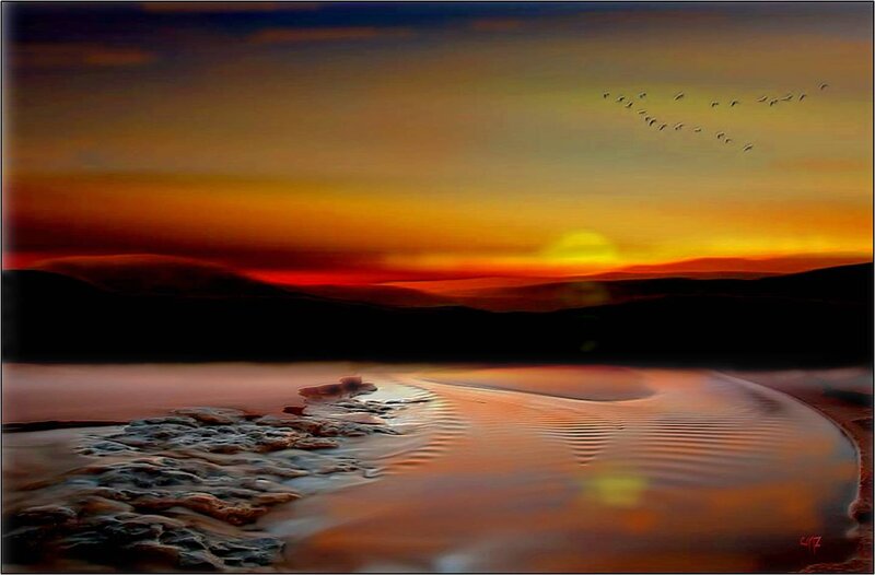 Sunset over Water — Orange, Dramatic, Digital Art, Birds