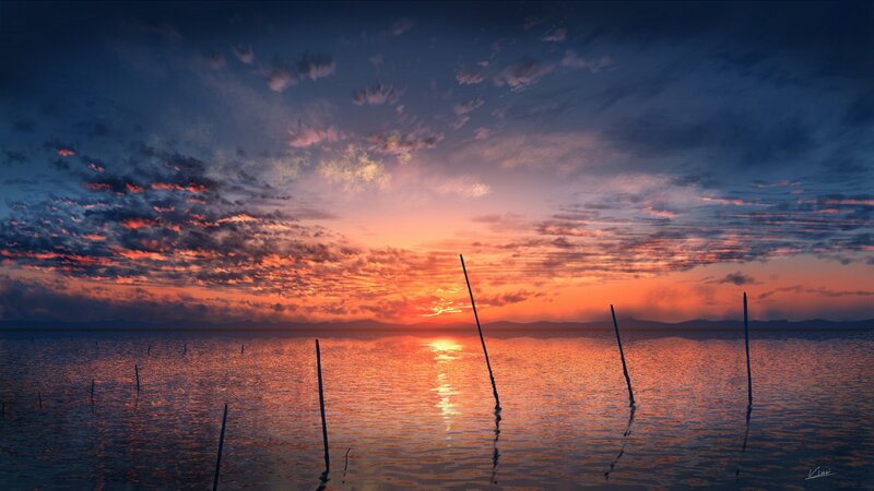 Sunset over Water — Orange, Dramatic, Digital Art, Clouds, Sticks