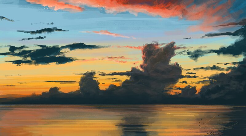 Sunset over Water — Orange, Dramatic, Digital Art, Clouds