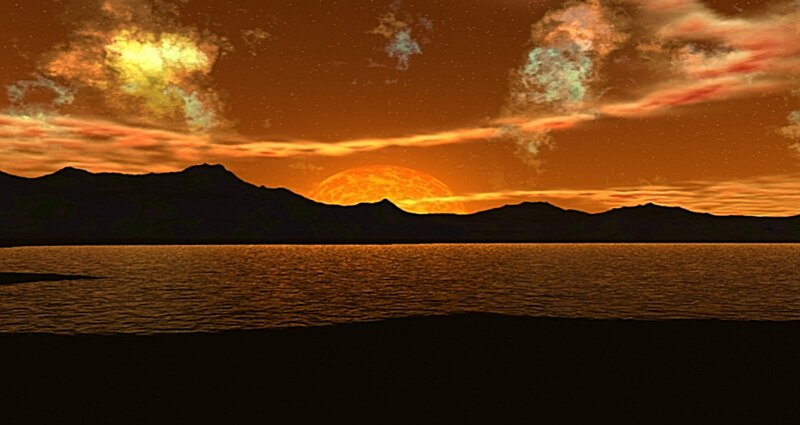 Sunset over Water — Orange, Dramatic, Digital Art, Mountains, Sun