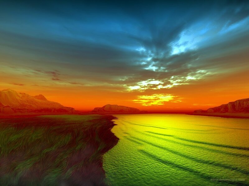 Sunset over Water — Orange, Dramatic, Digital Art, Mountains
