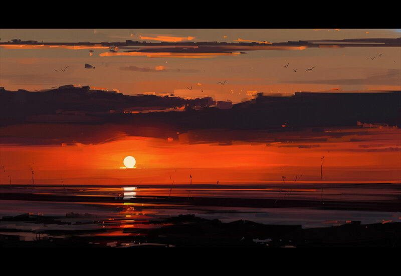 Sunset over Water — Orange, Dramatic, Digital Art, Sun, Birds