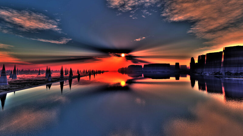 Sunset over Water — Orange, Dramatic, Digital Art, Sun, Clouds, Silhouettes