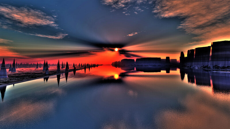 Sunset over Water — Orange, Dramatic, Digital Art, Sun, Clouds