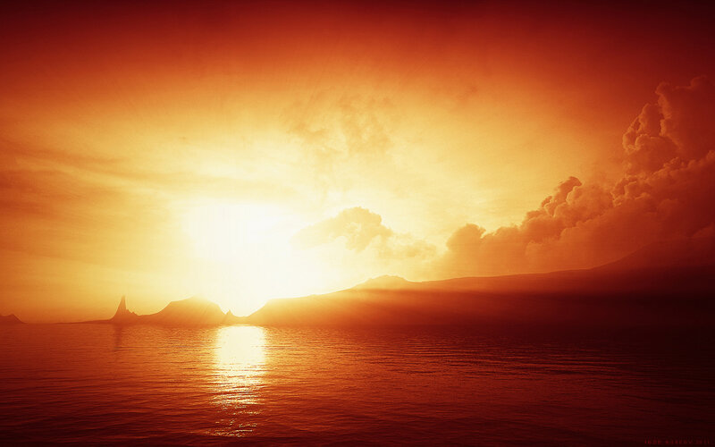 Sunset over Water — Orange, Dramatic, Digital Art