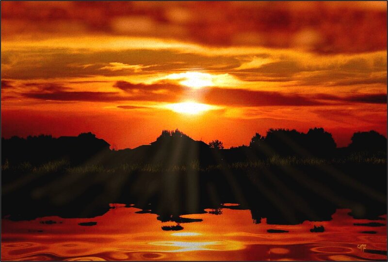 Sunset over Water — Orange, Dramatic, Painting, Sun