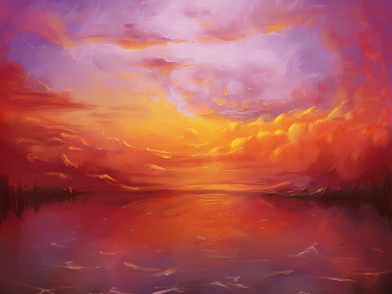 Sunset over Water — Orange, Dramatic, Painting