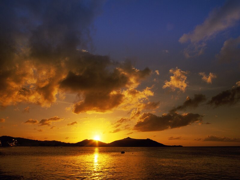 Sunset over Water — Orange, Dramatic, Photograph, Clouds, Boat
