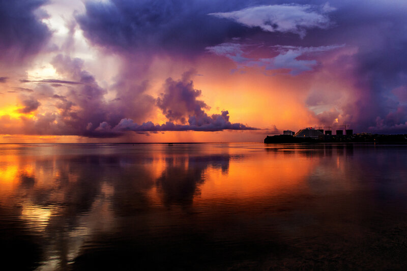 Sunset over Water — Orange, Dramatic, Photograph, Clouds, Cityscape