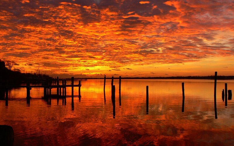 Sunset over Water — Orange, Dramatic, Photograph, Clouds, Dock