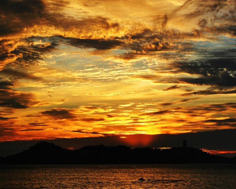Sunset over Water — Orange, Dramatic, Photograph, Clouds, Island