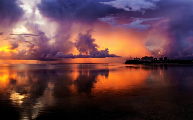Sunset over Water — Orange, Dramatic, Photograph, Clouds, Sky, City