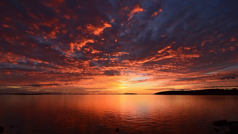 Sunset over Water — Orange, Dramatic, Photograph, Clouds, Sky, Land