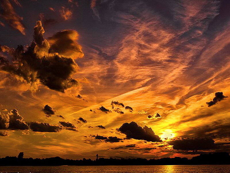 Sunset over Water — Orange, Dramatic, Photograph, Clouds, Sky, Silhouette