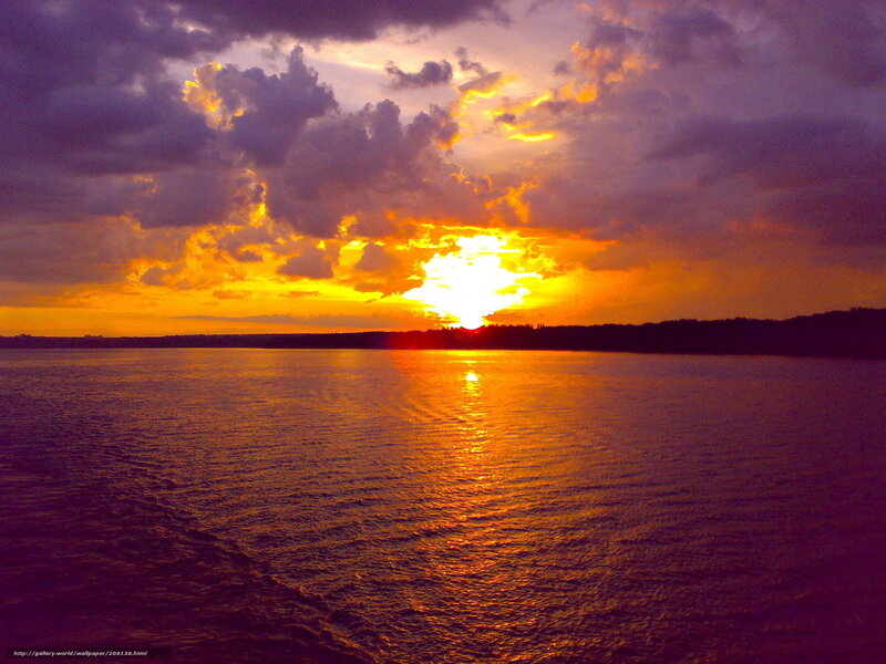 Sunset over Water — Orange, Dramatic, Photograph, Clouds, Sun, Horizon