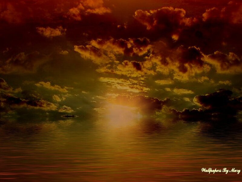 Sunset over Water — Orange, Dramatic, Photograph, Clouds, Sun