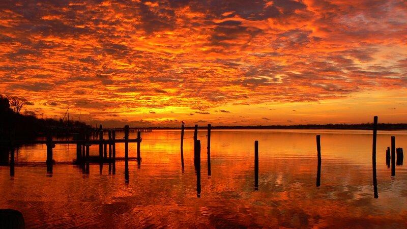 Sunset over Water — Orange, Dramatic, Photograph, Dock, Clouds