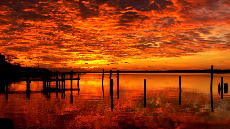 Sunset over Water — Orange, Dramatic, Photograph, Dock