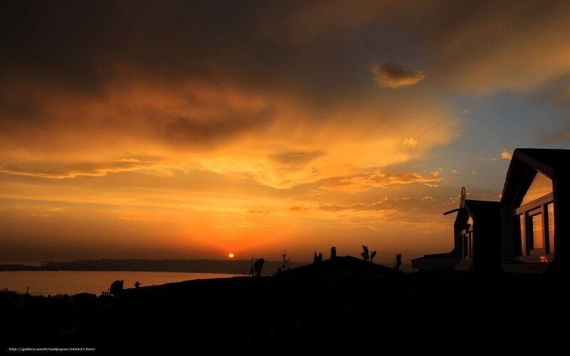 Sunset over Water — Orange, Dramatic, Photograph, House, Clouds