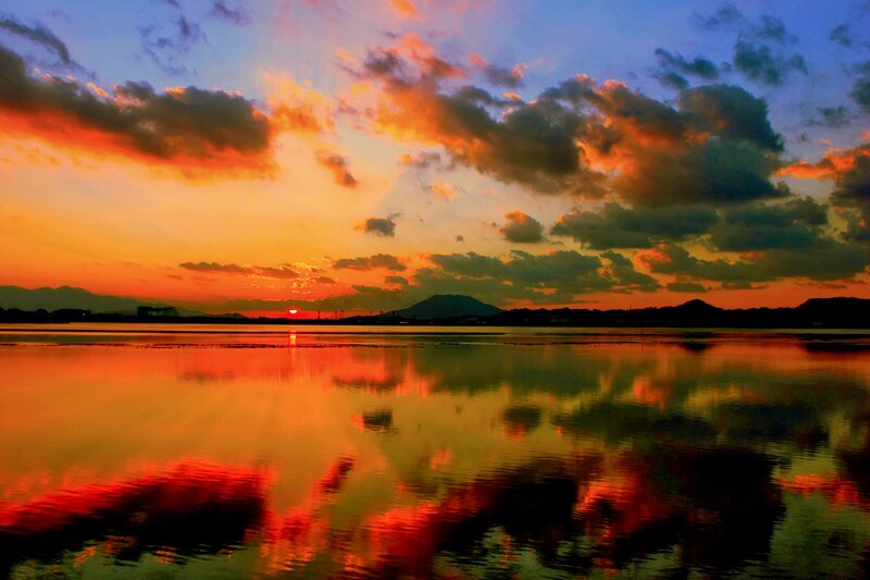 Sunset over Water — Orange, Dramatic, Photograph, Mountain