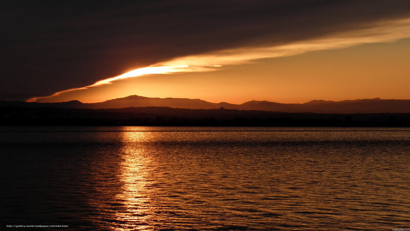 Sunset over Water — Orange, Dramatic, Photograph, Mountains, Sky, Reflection