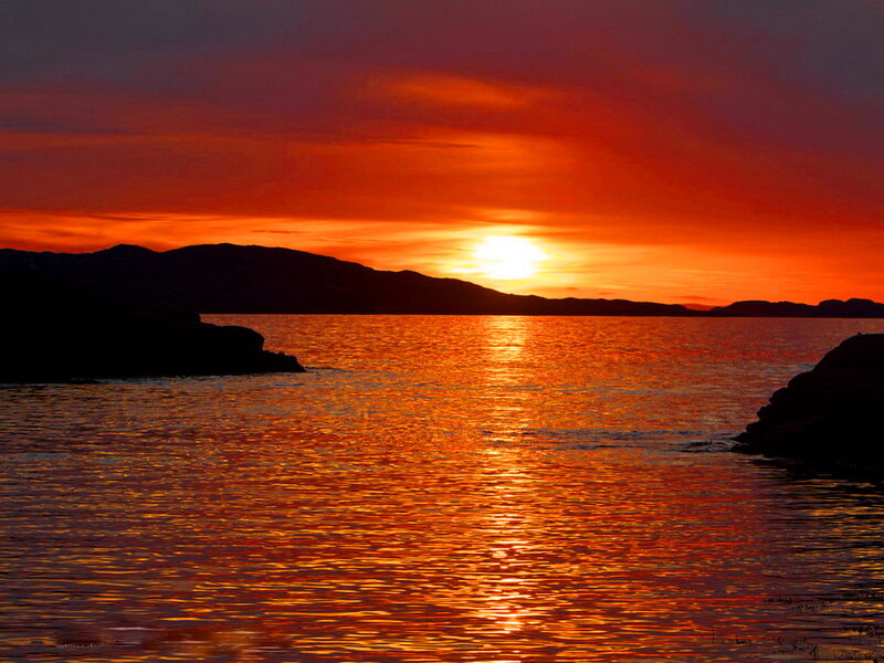 Sunset over Water — Orange, Dramatic, Photograph, Mountains, Sky