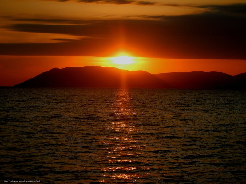 Sunset over Water — Orange, Dramatic, Photograph, Mountains, Sun