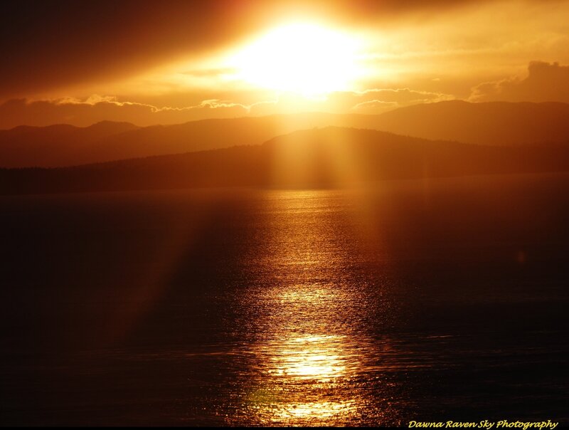 Sunset over Water — Orange, Dramatic, Photograph, Mountains