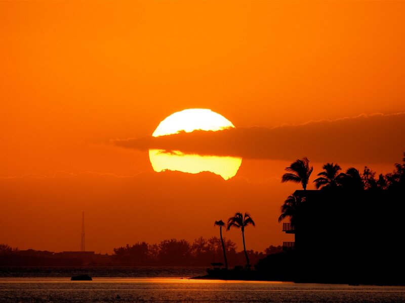 Sunset over Water — Orange, Dramatic, Photograph, Palm Trees, Clouds