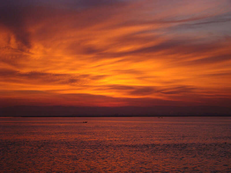 Sunset over Water — Orange, Dramatic, Photograph, Sky, Boat