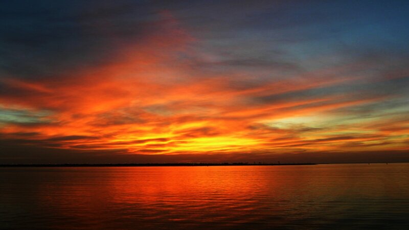 Sunset over Water — Orange, Dramatic, Photograph, Sky, Clouds, Horizon, Red