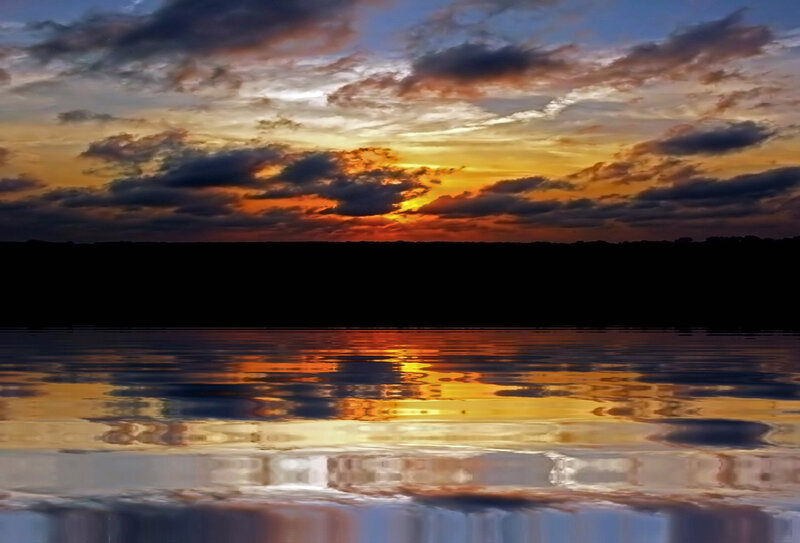 Sunset over Water — Orange, Dramatic, Photograph, Sky, Clouds, Reflection, Blue