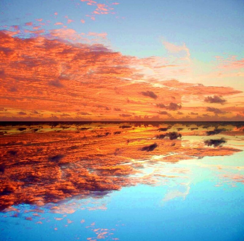Sunset over Water — Orange, Dramatic, Photograph, Sky, Clouds, Reflection