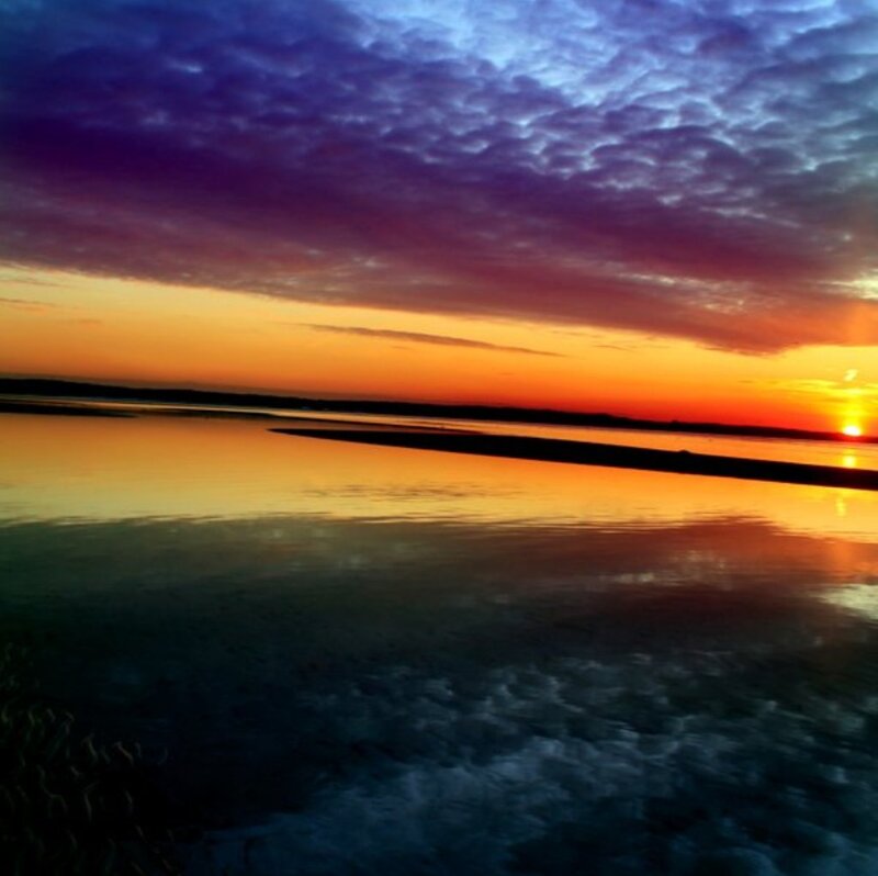 Sunset over Water — Orange, Dramatic, Photograph, Sky, Clouds, Sandbar