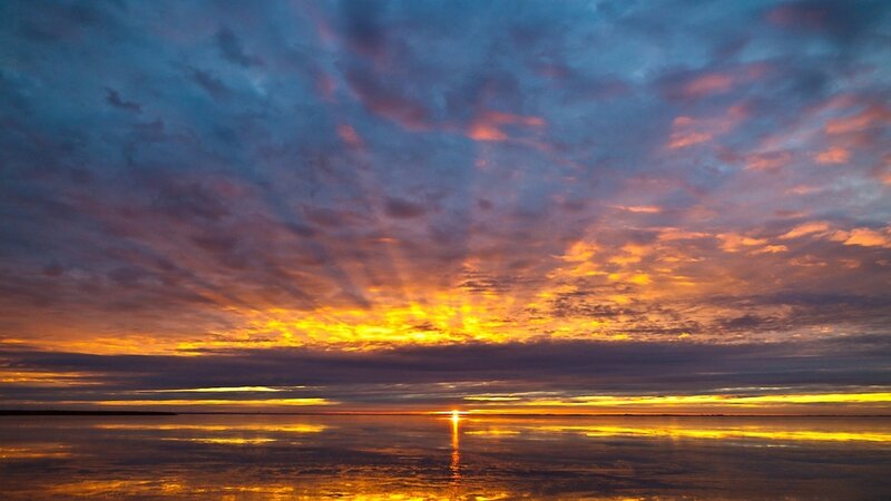 Sunset over Water — Orange, Dramatic, Photograph, Sky, Clouds, Sun