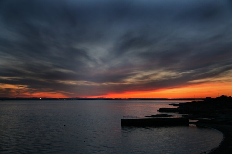 Sunset over Water — Orange, Dramatic, Photograph, Sky, Dock
