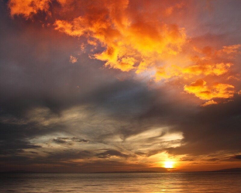 Sunset over Water — Orange, Dramatic, Photograph, Sun, Clouds, Ocean