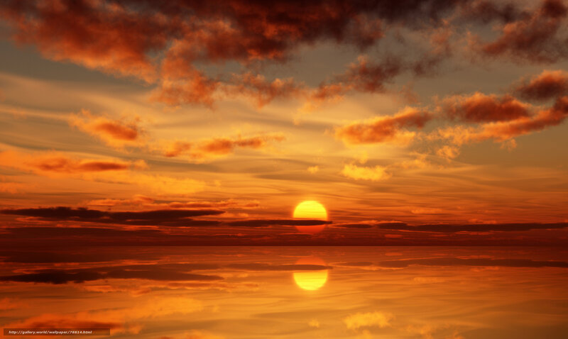 Sunset over Water — Orange, Dramatic, Photograph, Sun, Clouds, Reflection